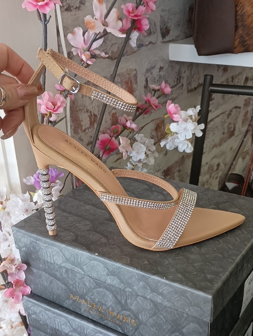 Women's Nude Rhinestone Ankle-Strap Stiletto